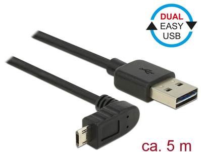 Câble EASY-USB 2.0 Type-A mâle > EASY-USB 2.0 Type Micro-B mâle coudé vers le haut / bas 5 m noir