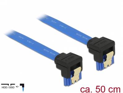 Câble SATA 6 Gb/s femelle coudé vers le bas > SATA femelle coudé vers le bas 50 cm bleu avec attache