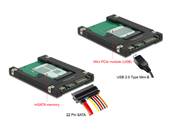 Convertisseur 2.5" SATA 22 broches / USB 2.0 Type Mini-B > 1 x emplacement mSATA / Mini PCIe