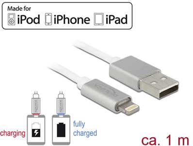Câble d’alimentation et de transfert des données USB pour iPhone™, iPad™, iPod™ 1 m blanc avec indic