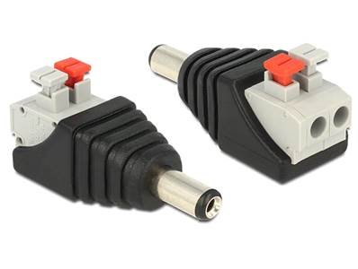 Adaptateur CC 5,5 x 2,1 mm mâle > Bornier avec bouton poussoir 2 broches