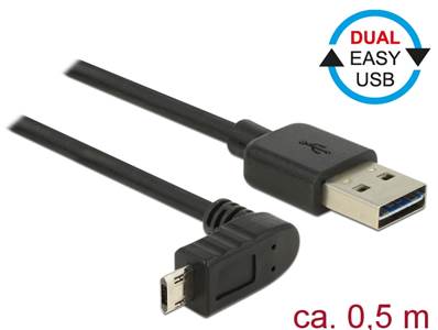 Câble EASY-USB 2.0 Type-A mâle > EASY-USB 2.0 Type Micro-B mâle coudé vers le haut / bas 0,5 m noir
