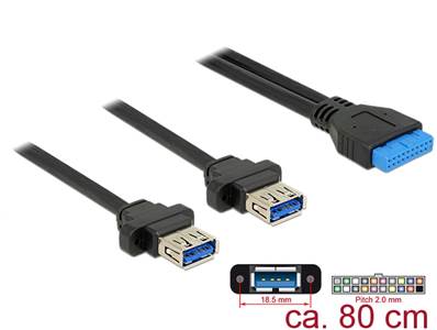 Câble embase 2,00 mm 19 broches USB 3.0 femelle > 2 x USB 3.0 Type-A femelle à montage sur panneau 8