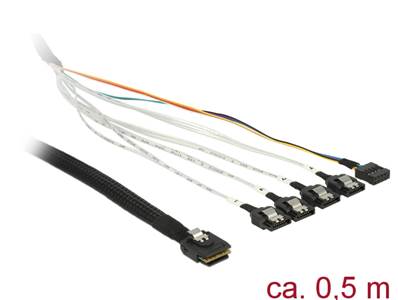 Câble Mini SAS SFF-8087 > 4 x SATA 7 broches + bande latérale 0,5 m métallique